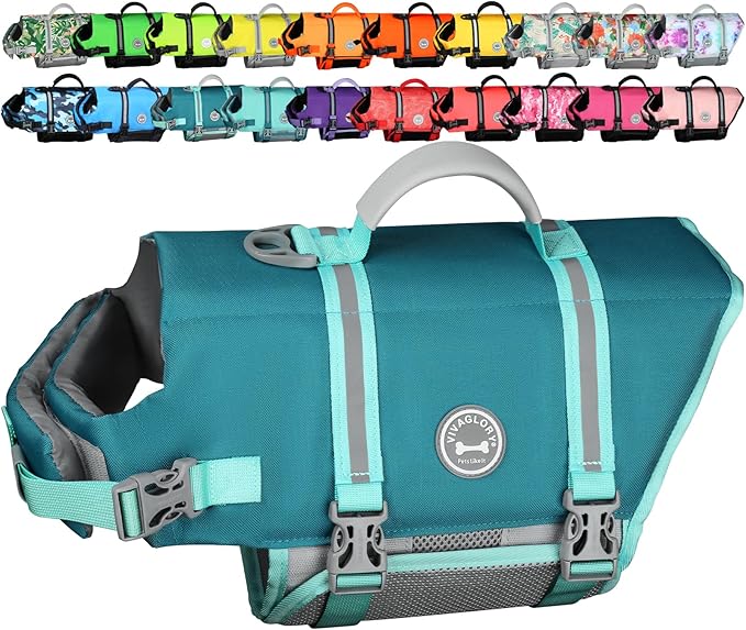 VIVAGLORY Rip Stop Dog Life Vest, Swimming Vest with Handle, Buoyancy for Doggy Puppy, Dog Life Jacket for Swimming & Boating, XL, Turquoise