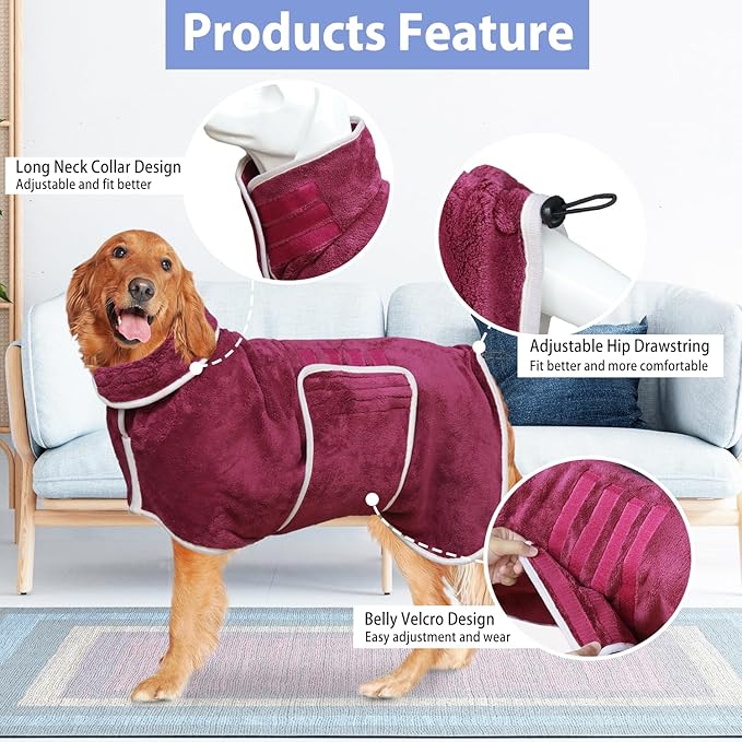Dog Bathrobe Towel Dog Drying Coat - Super Absorbent Bath Robe for Drying Dogs Large, Soft Adjustable Collar & Belly Strap Fast Drying Coat Pet Dog Cat Bath Robe Towel (Purple, XX-Large)