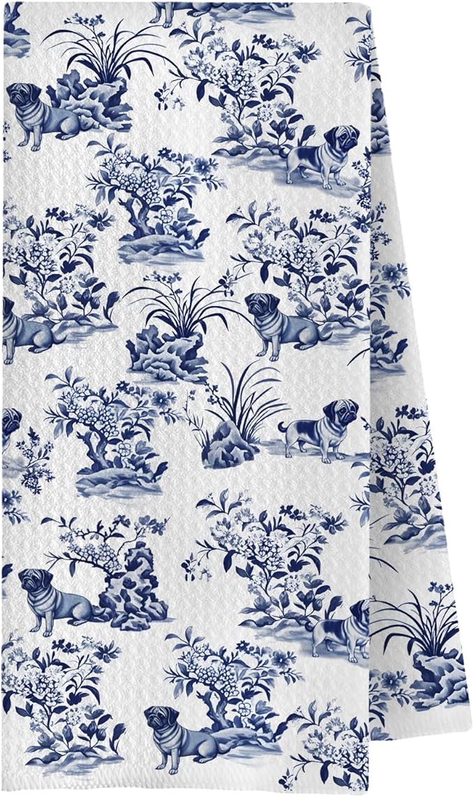 Blue Chinoiserie Pug Kitchen Towels, Gifts for Pug Lovers Women Dish Tea Towels for Kitchen Decor, Grand Millenial Floral Dog Decorative Hand Towels for Bathroom, 16x24 Inches