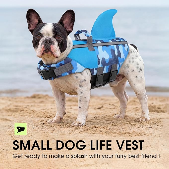 SUNFURA Dog Life Jacket Shark Life Vest for Dogs, Adjustable Swmming Vest with High Buoyancy, Safety Lifesaver with Rescue Handle for French Bulldog Small Medium Breeds, BlueCamo S
