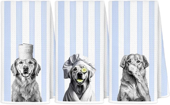 Funny Golden Retriever Hand Towels for Bathroom, Golden Retriever Lover Gifts, Blue Striped Dog Lovers Gifts Decorative Hand Towels for Bathroom Washroom Half Bath, 16x24 Inch Set of 3
