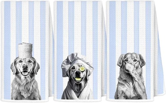 Funny Golden Retriever Hand Towels for Bathroom, Golden Retriever Lover Gifts, Blue Striped Dog Lovers Gifts Decorative Hand Towels for Bathroom Washroom Half Bath, 16x24 Inch Set of 3