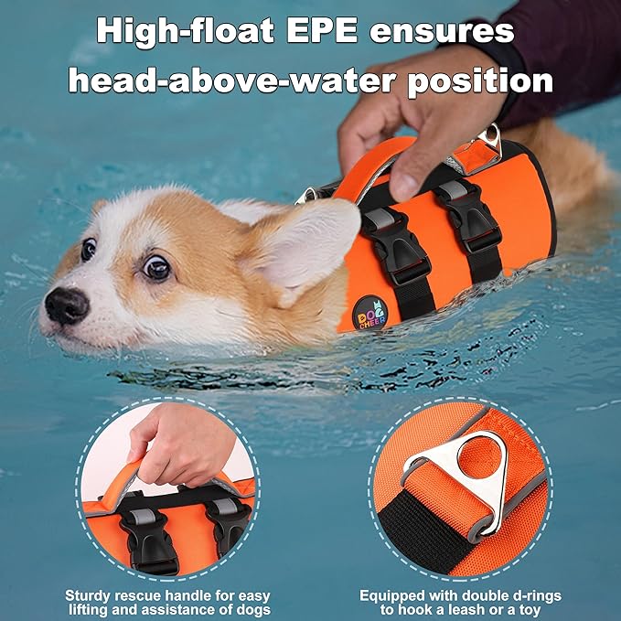 Dogcheer Dog Harness Life Jacket, High Buoyancy Neoprene Dog Life Vest for Swimming Boating, Adjustable Puppy Swim Vest Reflective Pet Float Vest for Small Medium Large Dogs - Orange, XS