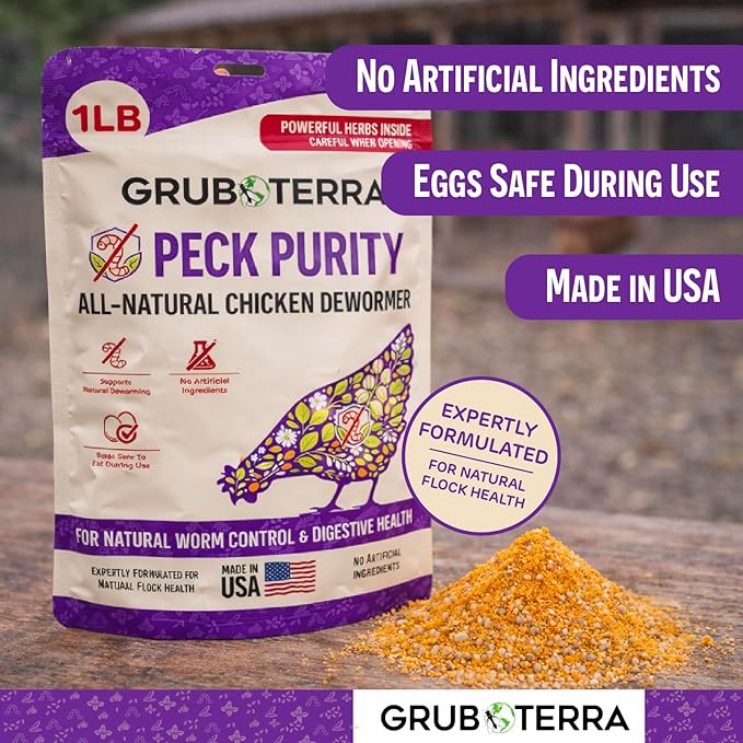 PeckPurity Natural Chicken Herbal Supplement Dewormer – Daily Gut Support with Diatomaceous Earth & Yucca Extract – for Hens, Chicks & Wild Birds – Plant-Based Digestive Health Blend – USA (1 LB)