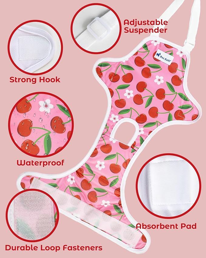Pet Soft Dog Diapers Female Onesie Sanitary Pantie with Adjustable Suspender, Colorful Pattern Washable Puppy Diapers Female, Super Absorbent Underwear Dog Diaper for Heat (Fruit, M)