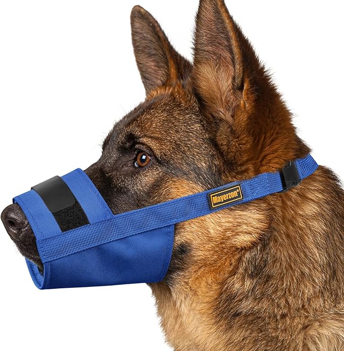 Mayerzon Dog Muzzle for Large Medium Small Dogs, Adjustable Fit, Soft & Sturdy Fabric, Prevents Fierce Barking Biting Chewing, Ideal for Grooming Walking Vet Visits, Allows to Pant Drink (Blue, S)