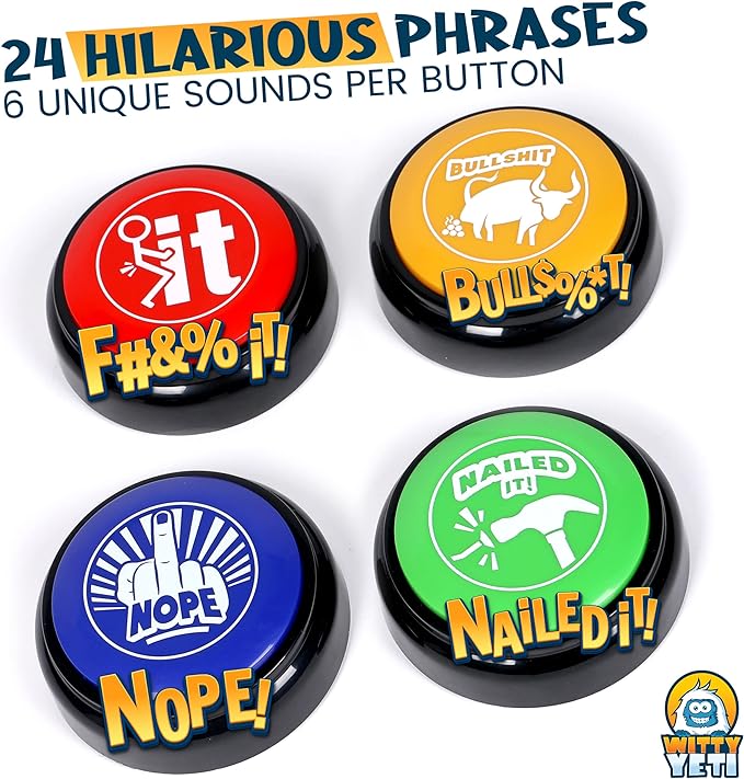 Witty Yeti Hilarious, Novelty Talking Button 4 PK Has 24 Unique Sayings. Bad Word Buttons Play Funny Sound Clips in Clear Audio, Loud Gag Gift for Coworkers or Family. Batteries Included