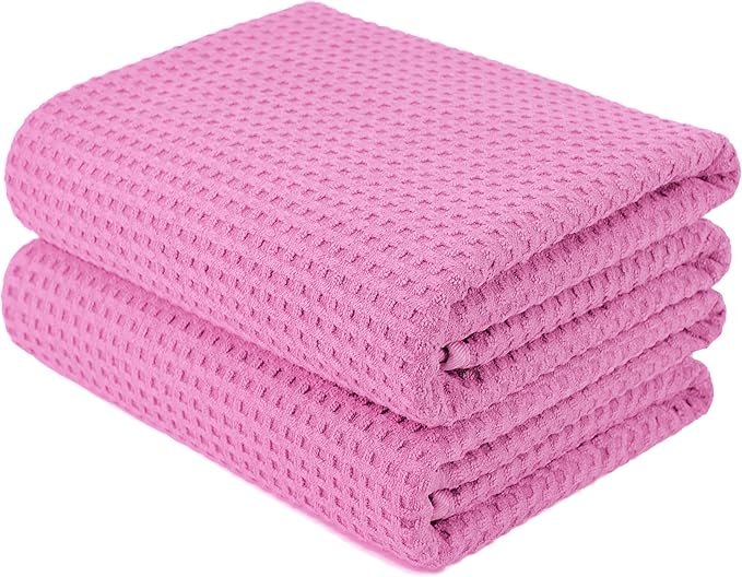 POLYTE Microfiber Oversize Quick Dry Lint Free Bath Towel, 60 x 30 in, Set of 2 (Pink, Waffle Weave)