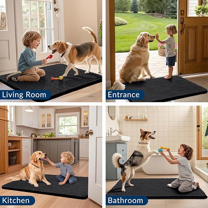Smiry Dog Door Mat for Muddy Paws 54x32, Absorbs Moisture and Dirt Doormat, Non-Slip Washable Quick Dry Chenille Front Door Mat Indoor Entrance, Entryway Carpet for Inside Floor, Black