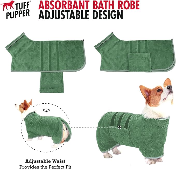 Tuff Pupper Fast Drying Dog Bath Robe | 800 GSM Plush Dog Towel Bathrobe/Dressing Gown | Super Absorbent Pet/Puppy Bathrobe | Adjustable Hood & Belly Strap | Super Soft | Fast Drying (XS, Green)