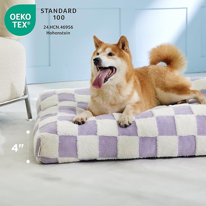 LE SURE Dog Beds Large Sized-Thick Shredded Chopped Foam Pet Bed as Gift for Indoor with Removable Cover, Cute Modern Fuzzy Plush & Anti Slip Bottom, Purple