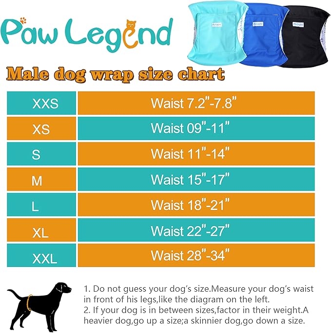 Paw Legend Washable Dog Belly Band Wrap Diapers for Male Dog | High Absorbing Puppy & Doggy Diapers Male (3 Pack,Blue,Aqua,Black,XX-Large)