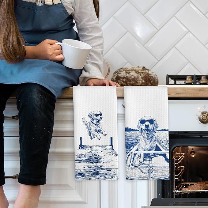 Lake House Decor Golden Retriever Kitchen Towels Set of 2, Summer Funny Lake Dog Coastal Bathroom Hand Towel, Dog Lover Gifts Tea Towel Dish Towels 16x24 Inch