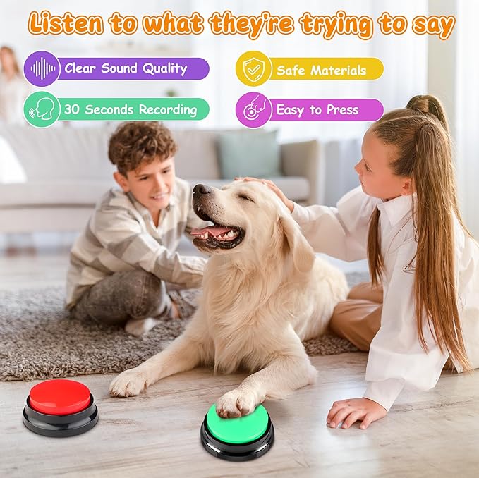 Recordable Buttons 4 Color, Dog Buttons for Communication, Training Your Pet to Talk, Talking Pet Buttons, Dog Training Set, 30 Second Record & Clear Playback