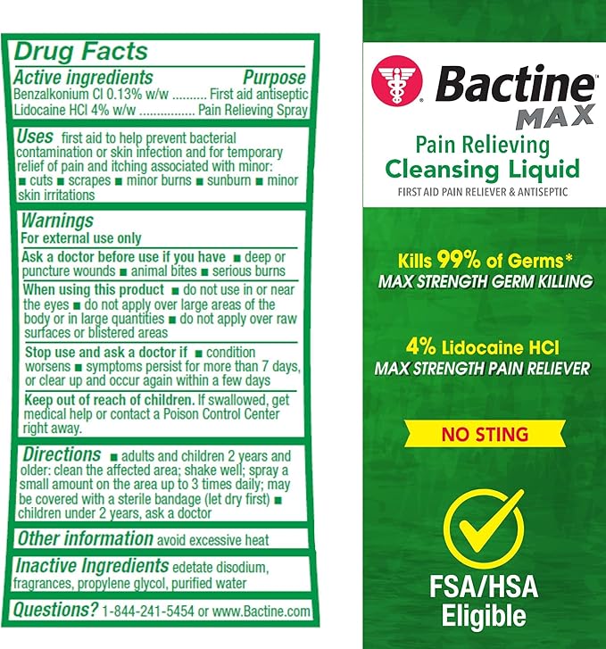 Bactine Max Pain Relieving Antiseptic Spray with Lidocaine, First Aid Pain + Itch Relief, No-Sting, Kills 99% of Germs*, 5oz