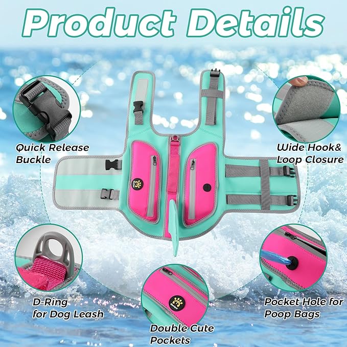 Dog Life Jacket, Cute Shark Dog Life Vest for Swimming Boating with Superior Buoyancy and Rescue Handle, Adjustable Puppy Swim Floating Vest for Small Medium Large Dogs (Turquoise, Large)