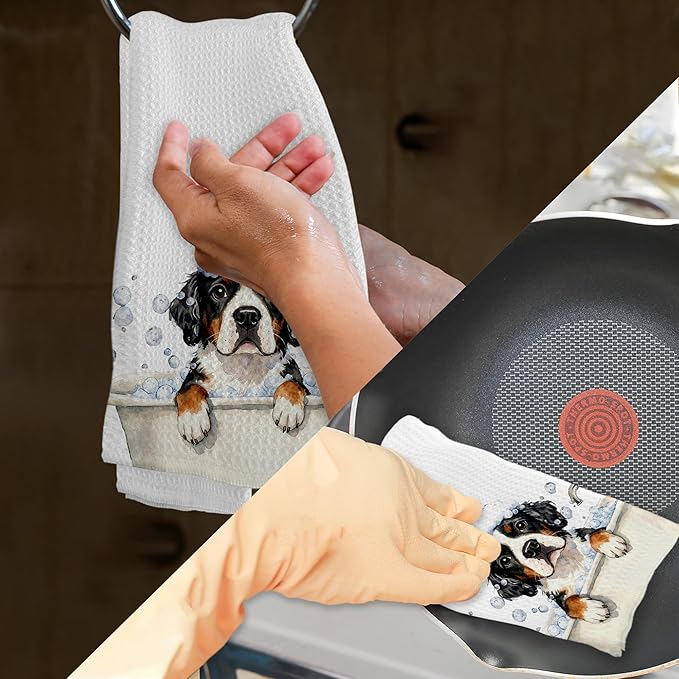 Funny Bernese Mountain Bathroom Hand Towels, Bernese Mountain Dog Dish Tea Towels, Funny Dog in Bathtub Hand Towel for Toilet Kitchen Restroom Decor, Dogs Gifts for Women Owners, 16x24 Inch