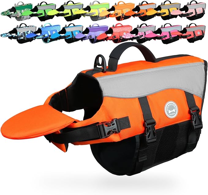 VIVAGLORY Front Float Dog Life Vest, Dog Life Jacket for Swimming & Boating, Swimming Vest with Chin Float & Handle, Ripstop & Buoyancy for Puppy Doggy, L, Bright Orange