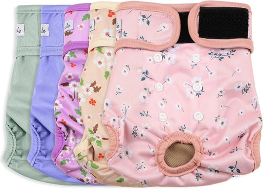 Female Dog Diapers 5Pcs - Premium Reusable Diapers for Doggie in Heat - Highly Absorbent Dog Diapers Female for Pet Incontinence with Adjustable Snaps,Flowers L
