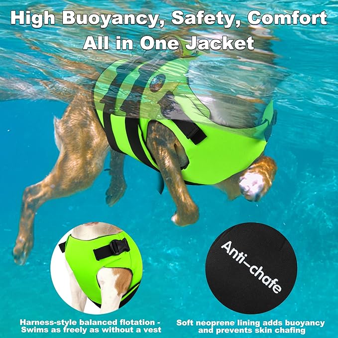 Dogcheer Dog Harness Life Jacket, High Buoyancy Neoprene Dog Life Vest for Swimming Boating, Adjustable Puppy Swim Vest Reflective Pet Float Vest for Small Medium Large Dogs - Green, XS