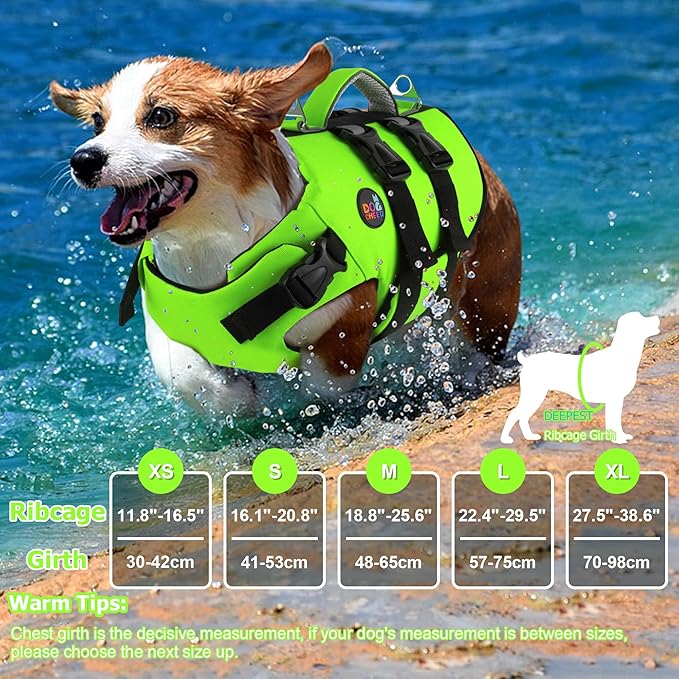Dogcheer Dog Harness Life Jacket, High Buoyancy Neoprene Dog Life Vest for Swimming Boating, Adjustable Puppy Swim Vest Reflective Pet Float Vest for Small Medium Large Dogs - Green, M