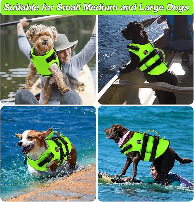 Dogcheer Dog Harness Life Jacket, High Buoyancy Neoprene Dog Life Vest for Swimming Boating, Adjustable Puppy Swim Vest Reflective Pet Float Vest for Small Medium Large Dogs - Green, XL