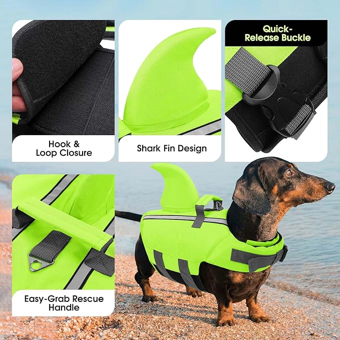 SUNFURA Dog Life Jacket Shark Life Vest for Dogs, Adjustable Swmming Vest with High Buoyancy, Safety Lifesaver with Rescue Handle for French Bulldog Small Medium Breeds, Green L