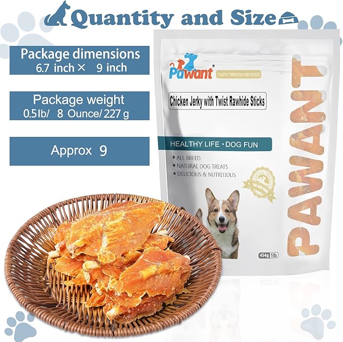 Chicken Jerky with Twist Rawhide Sticks for Dogs, 8 oz - High Protein Real Chicken Breast Dog Chews - Long Lasting Dental Care Treats for Puppies, Small and Medium Breeds, 4-4.5 Inch