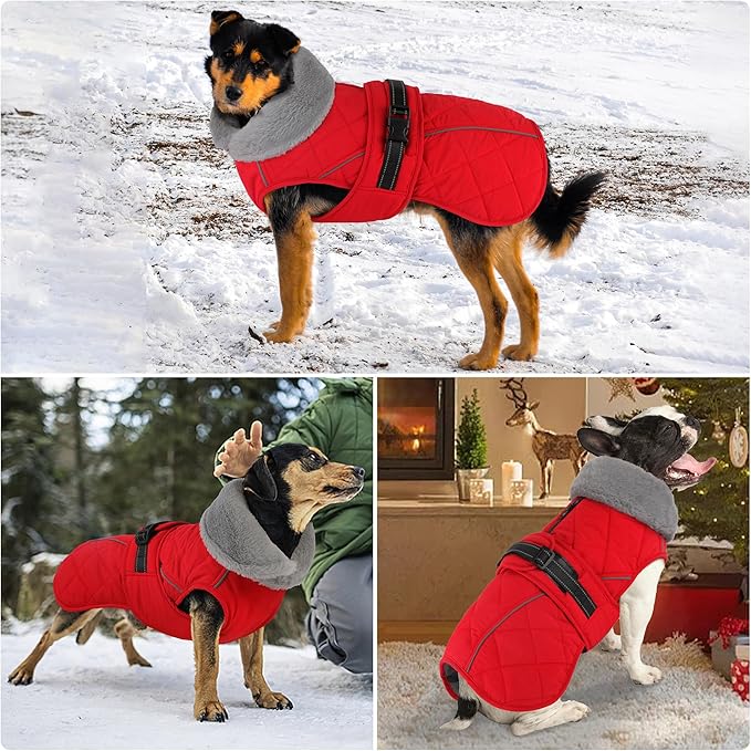 Dog Coat, Waterproof Dog Winter Jacket with Adjustable Buckle, Reflective Turtleneck Pet Snow Vest Warm Fleece Sweater for Small Medium Large Dogs - Red, S