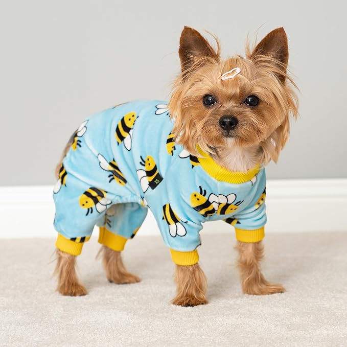 Fitwarm Funny Bee Fleece Dog Pajamas, Warm Winter Dog Clothes for Small Dogs Boy Girl, Cozy Pet Onesie with Feet, Light Blue, XXL