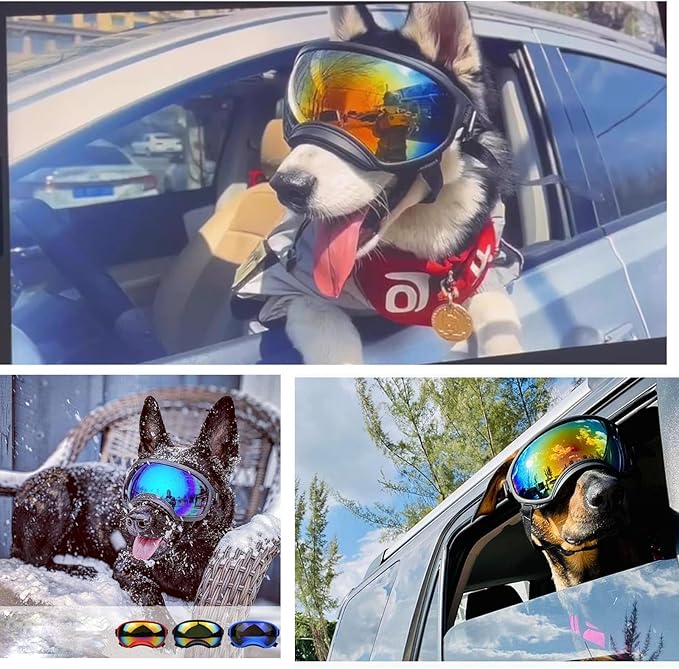 Soft Samll Dog Sunglasses Dog Goggles for Large Breed UV/Wind/Dust Protection Winproof Dog Puppy Sunglasses Pet Glasses Eye Wear with Adjustable Strap (Red Frame & Bule Lens/Small)
