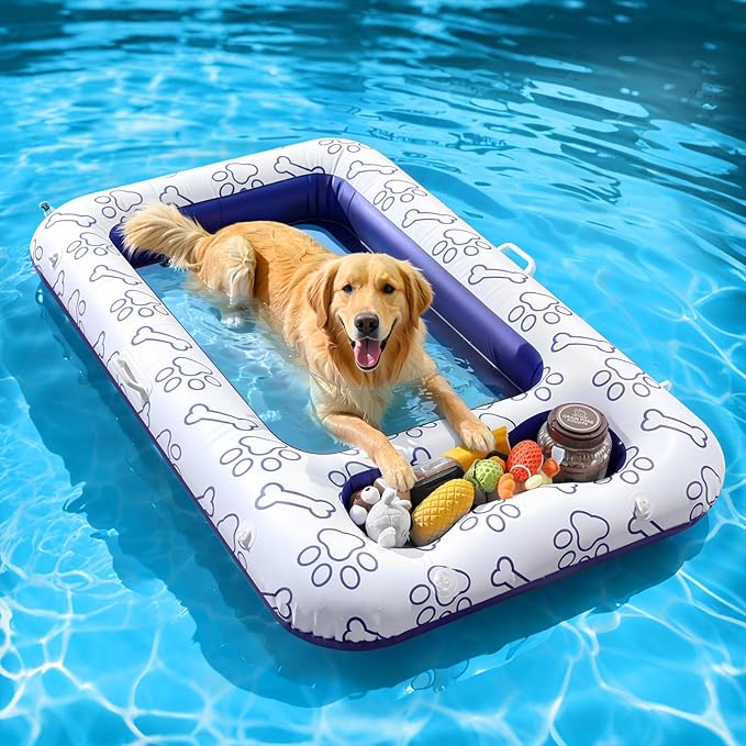 MoKo Dog Pool Float, 59 x 35 Inch Cooling Water Permeable Pet Float, Breathable Mesh Dog Pool Raft with Built-in Storage Area for Pet Toys and Food for Lake Park River Beach, White & Mesh