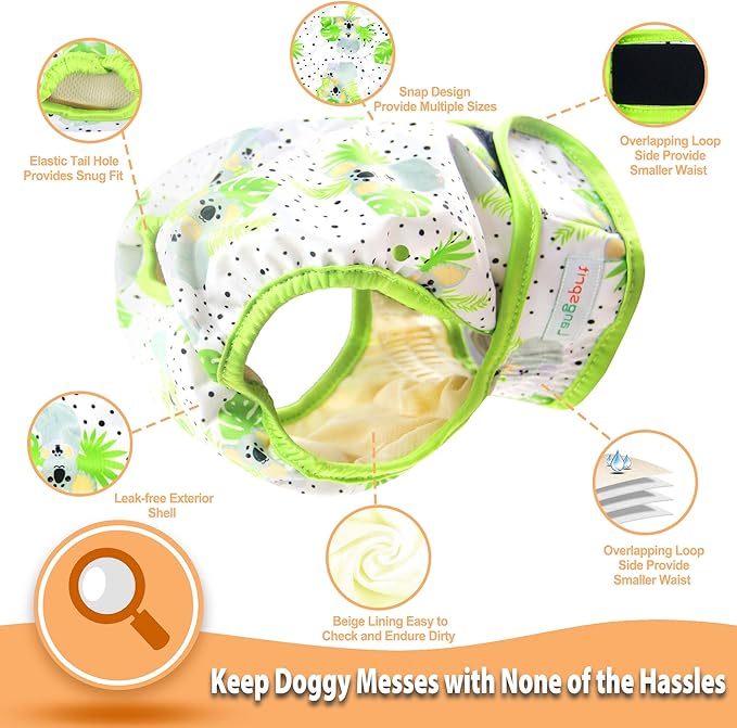 Langsprit Washable Female Dog Diapers (3 Pack) - No Leak Reusable Diapers for Doggy Female in Period - Highly Absorbent Dog Heat Panties with Adjustable Snaps (Koala, Small)