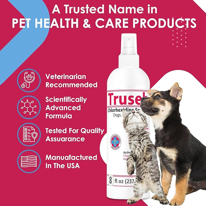 Truseb Medicated Chlorhexidine for Dogs Cats Horses Skin Spray with Aloe Vera - Medicated Ketoconazole Spray for Skin Irritation, Hot Spots, Redness Relief (8 oz)