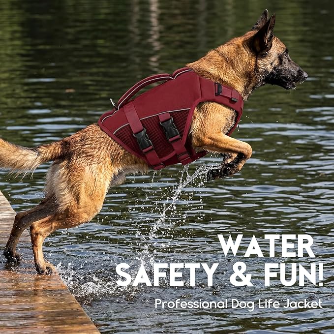 ASENKU Dog Life Jacket, High Floatation Dog Swimming Vest with Rescue Handles for Small Medium Large Dogs, Pet Safety Swimsuit Preserver for Pool Beach Boating (WineRed, XS)