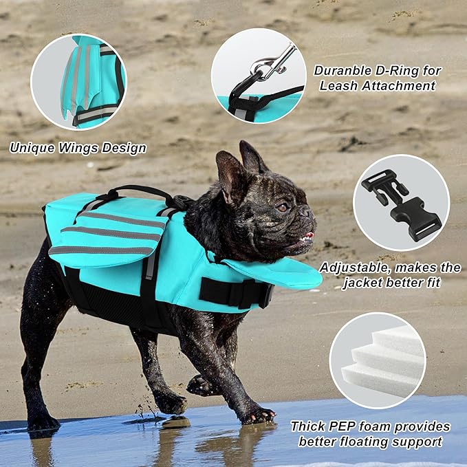 Dog Life Jacket, Wings Adjustable Dog Life Vest with Chin Float Reflective Stripes and Handle, High Buoyancy Puppy Swim Floating Vest for Small Medium Large Dogs - Pine Green, XS