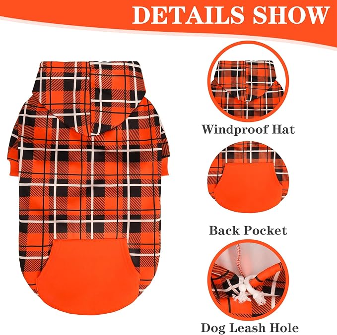 EXPAWLORER Plaid Dog Hoodie - British Style Warm Dog Sweater Shirt with Leash Hole,Pitbull Clothes Outfits,Winter Coat Apparel for All Breeds Puppy Girl Boy-Cat Apparel,Orange XL-XXLarge