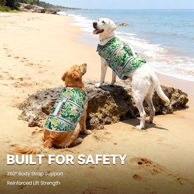 VIVAGLORY Rip Stop Dog Life Vest, Swimming Vest with Handle, Buoyancy for Doggy Puppy, Dog Life Jacket for Swimming & Boating, XL, Floral