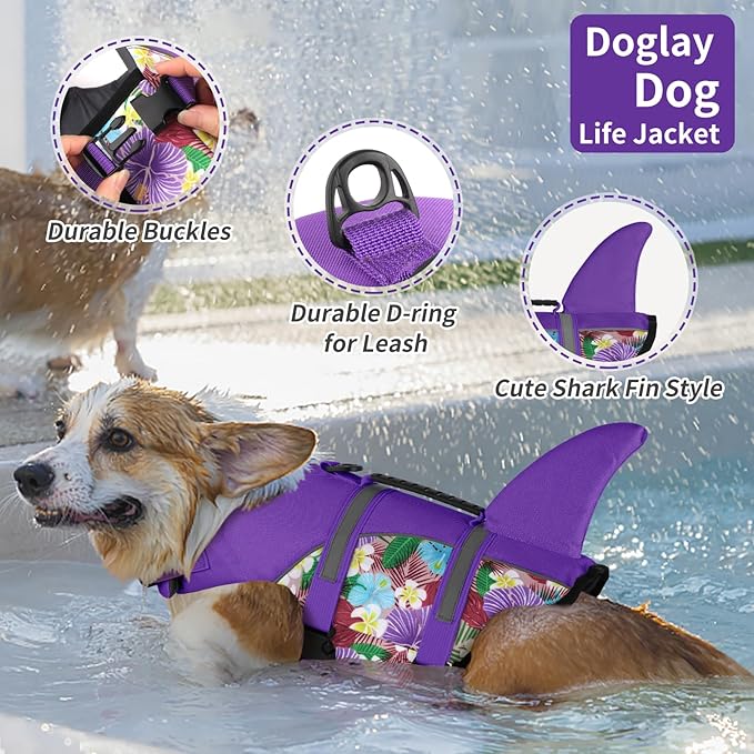 Doglay Dog Life Jacket Shark - Ripstop Vest for Swimming Boating With High Buoyancy and Rescue Handle, Adjustable Pet Flotation Vest for Small Medium Large Dogs