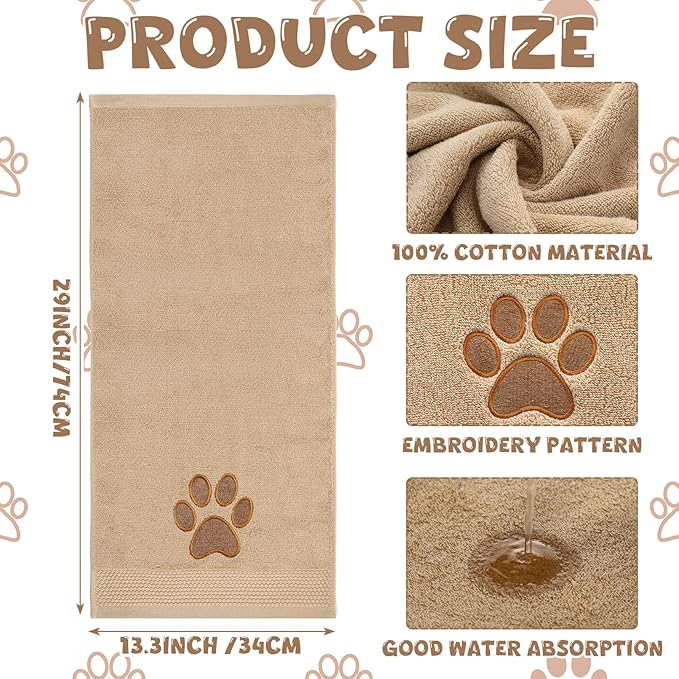 2 Pcs Dog Paw Hand Towels Bathroom Decor 13 x 29 Inch 100% Cotton Embroidered Soft Hand Towels Absorbent Farmhouse for Kitchen Restroom (Brown)