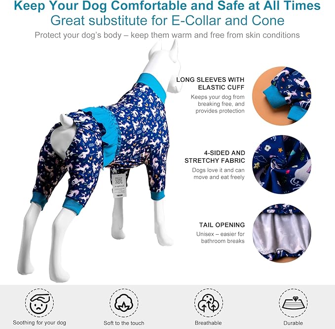 LovinPet Large Dog Pjs - Unicorn Dog Shirt, Post Surgery Recovery Onesie, Mermaids & Unicorns Blue/White Print, Lightweight Pullover Large Puppy Pajamas, Pet Pajamas for Dogs, Blue 3XL