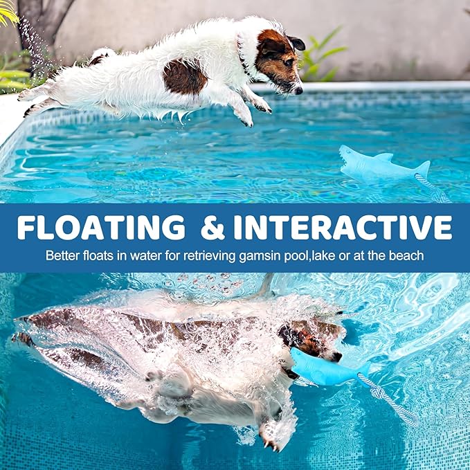 Floating Dog Chew Toy for Aggressive Chewers, Pool With Rope for Interactive Fetch & Play, Beach Set (Shark)