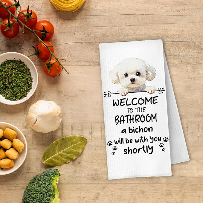 Funny Bichon Frise Dog Bathroom Hand Towels, Bichon Frise Gifts for Women, Welcome to The Bathroom Decorative Hand Towels for Bath Room Toilet Washroom Restroom, 16x24 Inch
