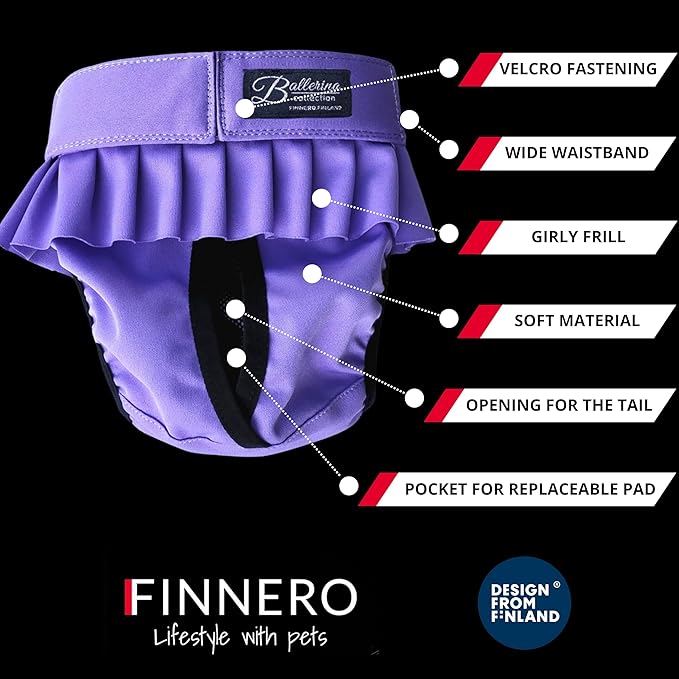 FINNERO Ballerina Dog Diaper – Washable, Reusable, Leak-Proof – Heat, Period & Urine Incontinence Protection – Comfortable, and Stylish Design – Adjustable Fit for Female Dogs – XS, Purple