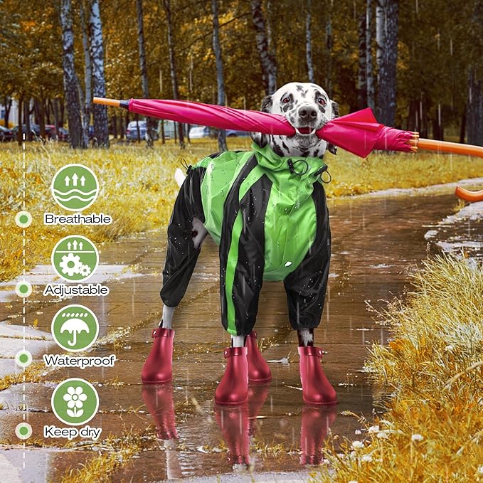 Dog Raincoat, Lightweight Rain Jacket, Adjustable 4-Legs Pet Poncho with Hood, Snow-Proof Dog Vest Rainwear, Rain Clothes Apparel with Leash Hole
