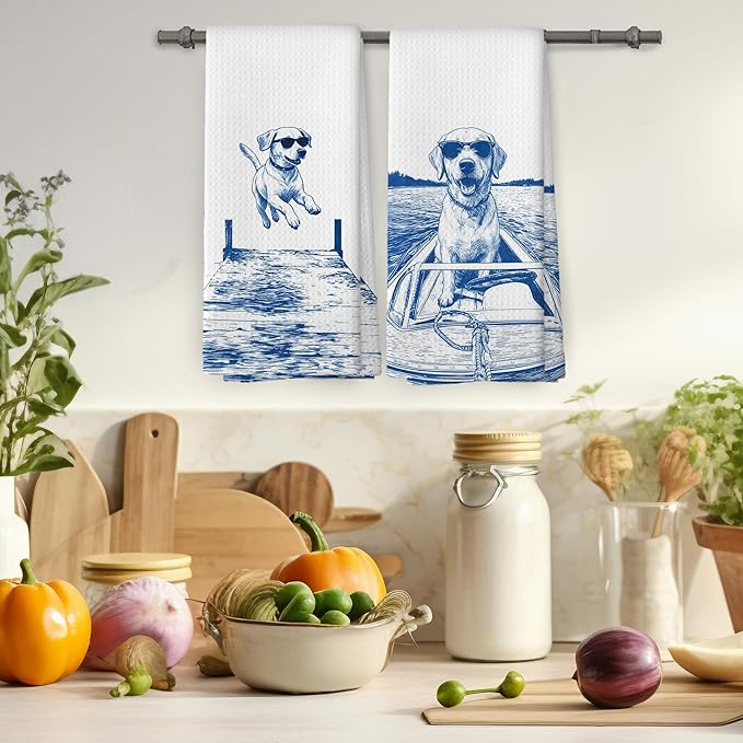 Lake House Decor Labrador Kitchen Towels Set of 2, Summer Funny Lake Dog Coastal Bathroom Hand Towel, Dog Lover Gifts Tea Towel Dish Towels 16x24 Inch