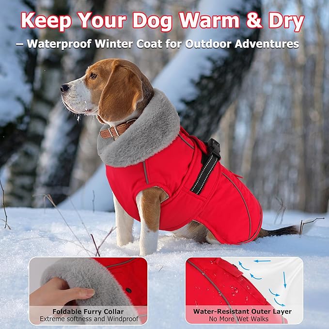 Dogcheer Dog Coat with Pocket, Waterproof Dog Jacket with Adjustable Buckle, Reflective Puppy Winter Coat Warm Turtleneck Fleece SnowJacket for Small Medium Large Dogs - Red S
