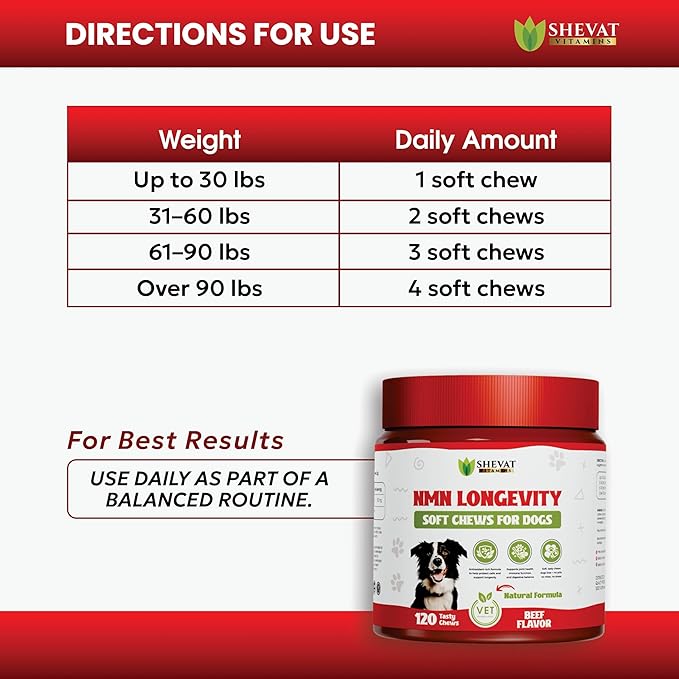 NMN Longevity Soft Chews for Dogs – Beef Flavored – Antioxidant Support for Joint Health, Immune Function, and Cellular Protection – 120 Count