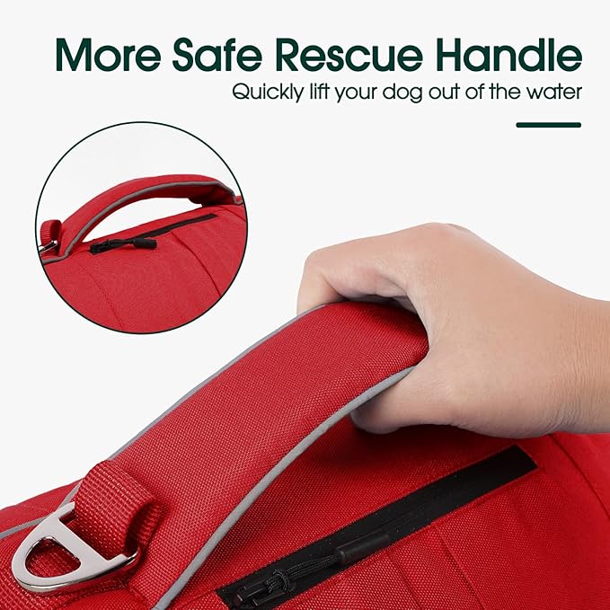 Kuoser Dog Life Jacket, High Flotation Dog Life Vest for Swimming Boating, Adjustable Small Medium Large Dogs Swim Vest with Rescue Handle and Pocket, Reflective Safety Pet Lifejacket Floats for Pool