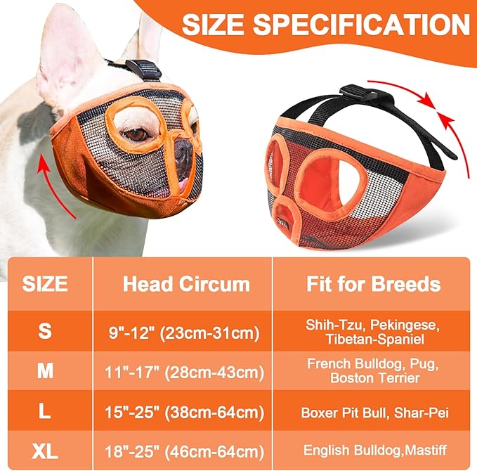 Short Snout Dog Muzzles- Adjustable Breathable Mesh Bulldog Muzzle for Biting Chewing Licking Grooming Dog Mask,Orange N-S
